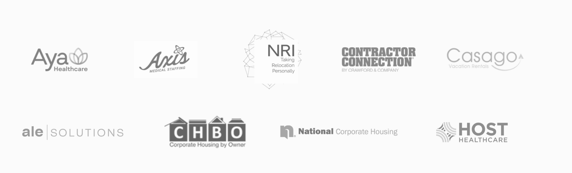 Property management partners including Aya Healthcare, Axis Medical Staffing, NRI, Contractor Connection, Casago, ALE Solutions, CHBO, National Corporate Housing, and Host Healthcare